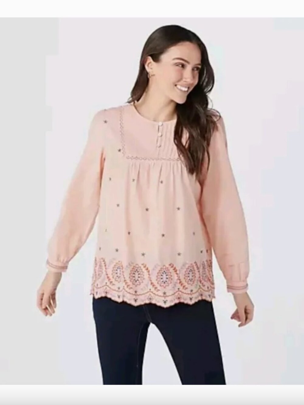 LOGO Lori Goldstein Embroidered Blouse Size 1X Boho Casual Breathable